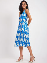 Satin Geometric Print Dress - Blue And White