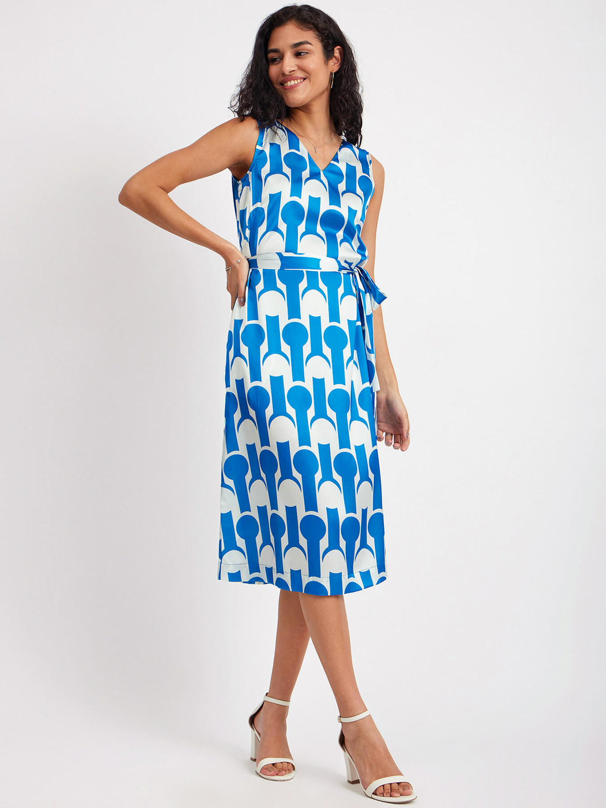 Satin Geometric Print Dress - Blue And White