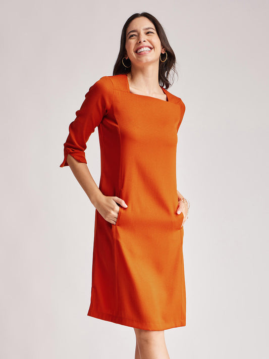 Square Neck Detail Dress - Rust