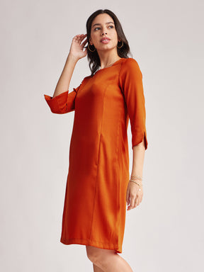 Square Neck Detail Dress - Rust