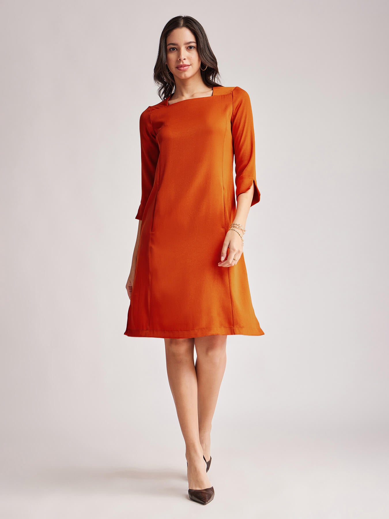 Square Neck Detail Dress - Rust