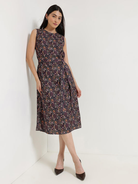 Floral A-Line Midi Dress - Black