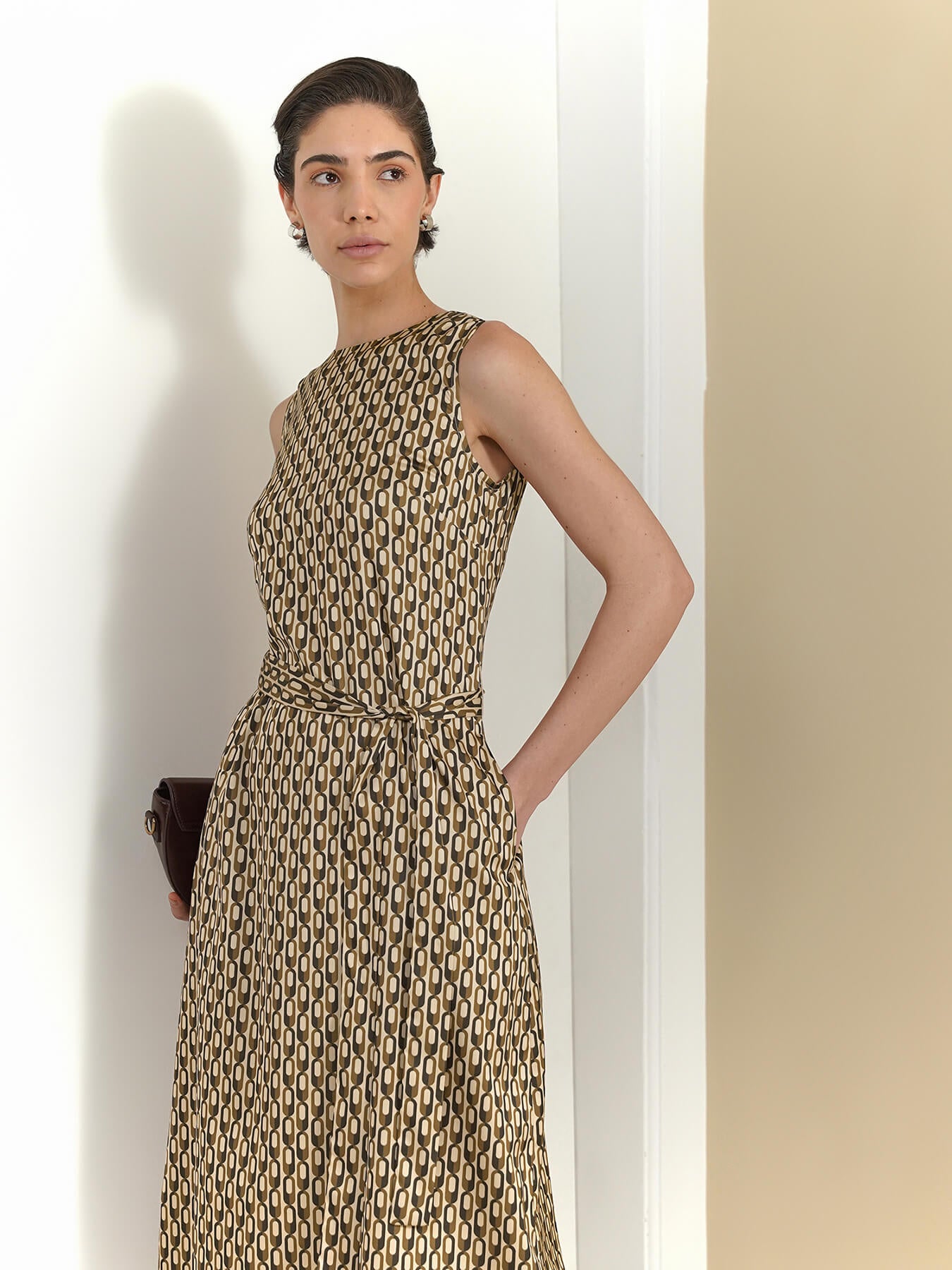 Geometric Print A-Line Dress - Beige