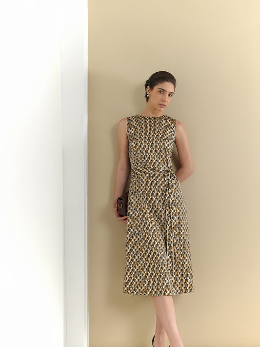 Geometric Print A-Line Dress - Beige