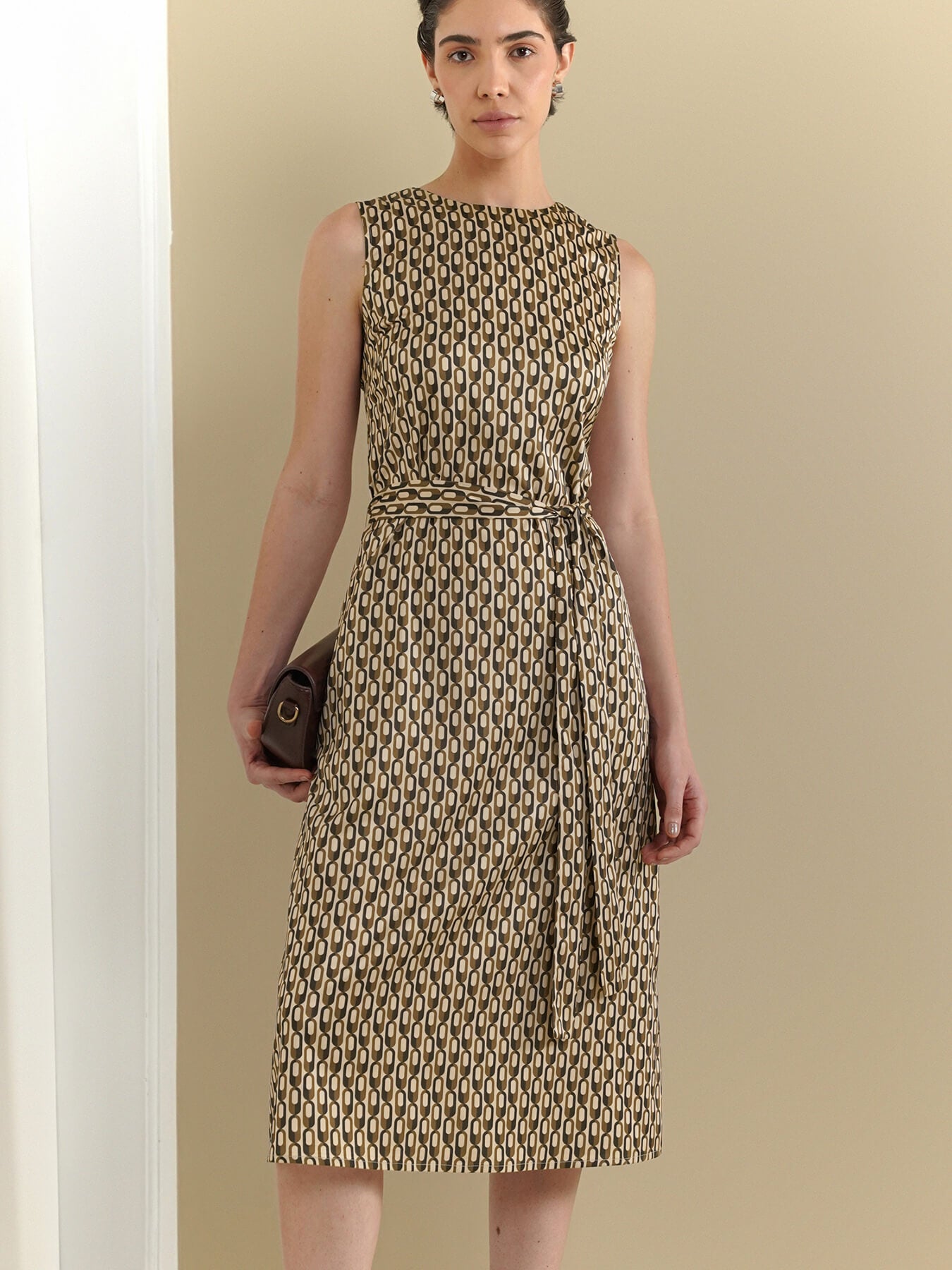 Geometric Print A-Line Dress - Beige