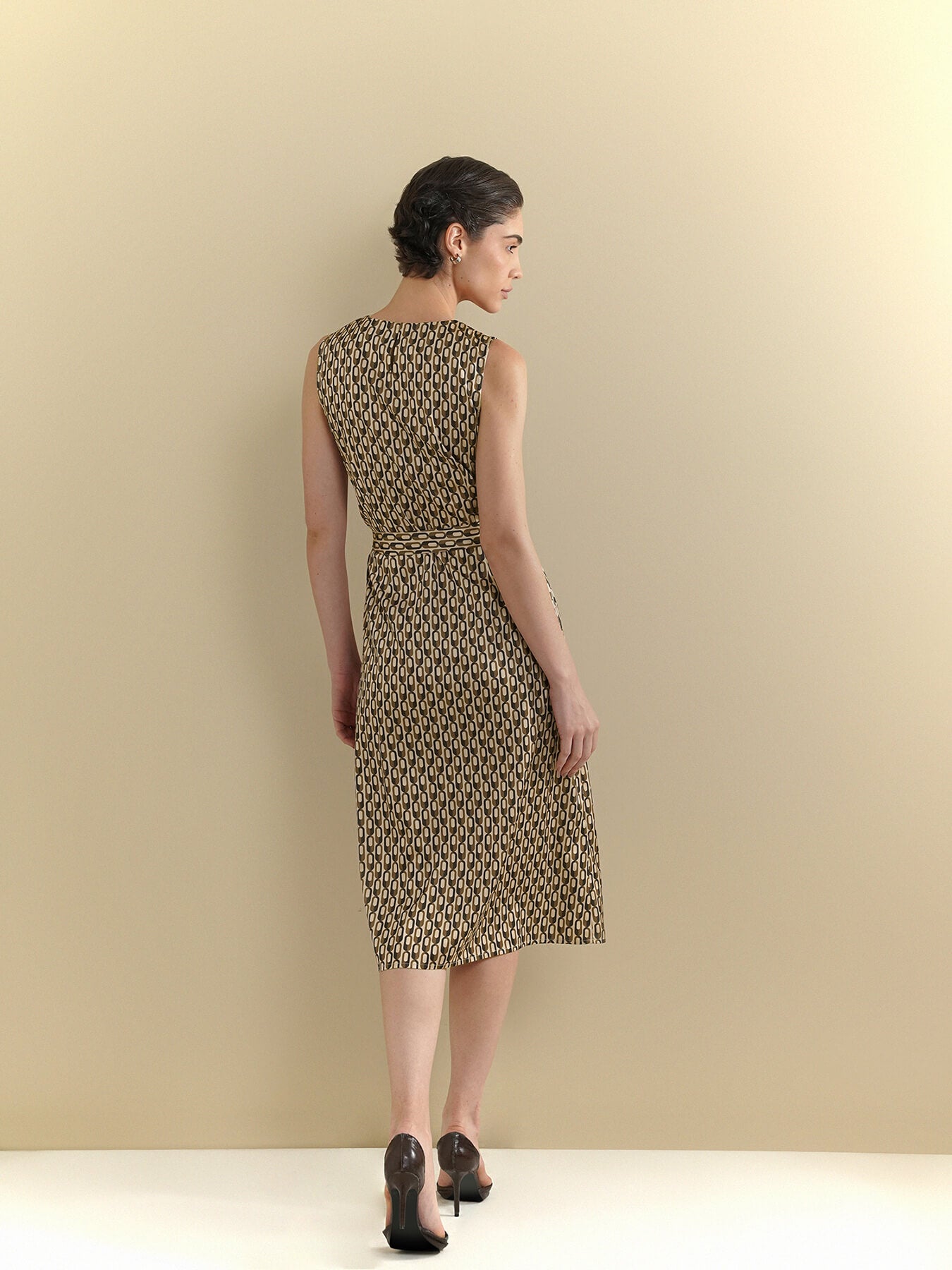 Geometric Print A-Line Dress - Beige
