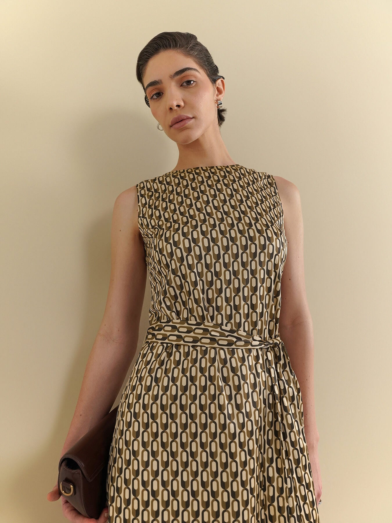 Geometric Print A-Line Dress - Beige