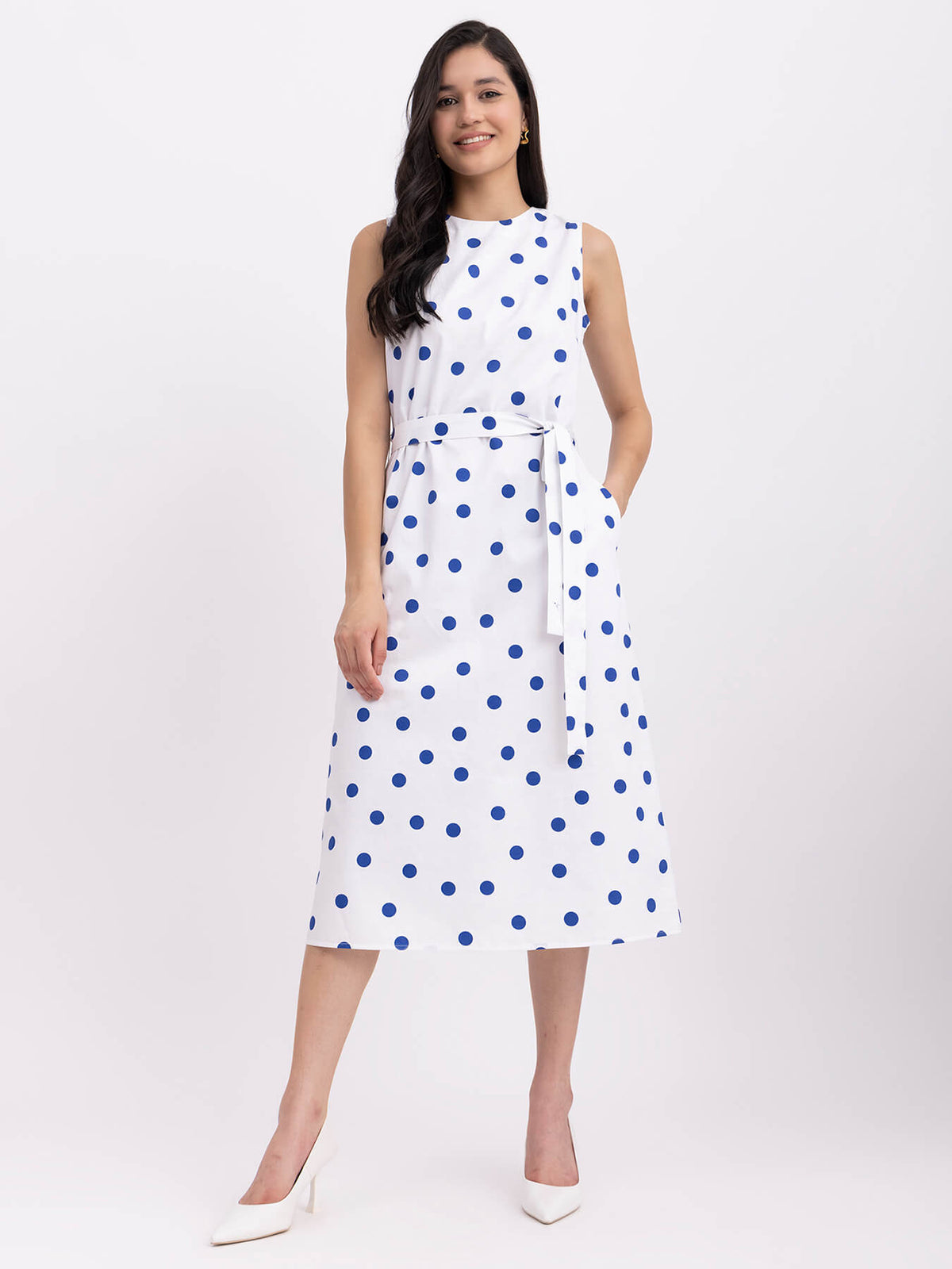 Cotton Polka Dot Dress - White And Blue