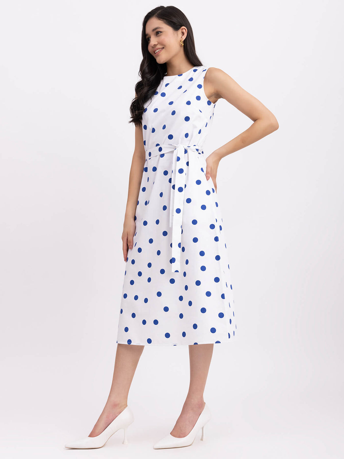 Cotton Polka Dot Dress - White And Blue