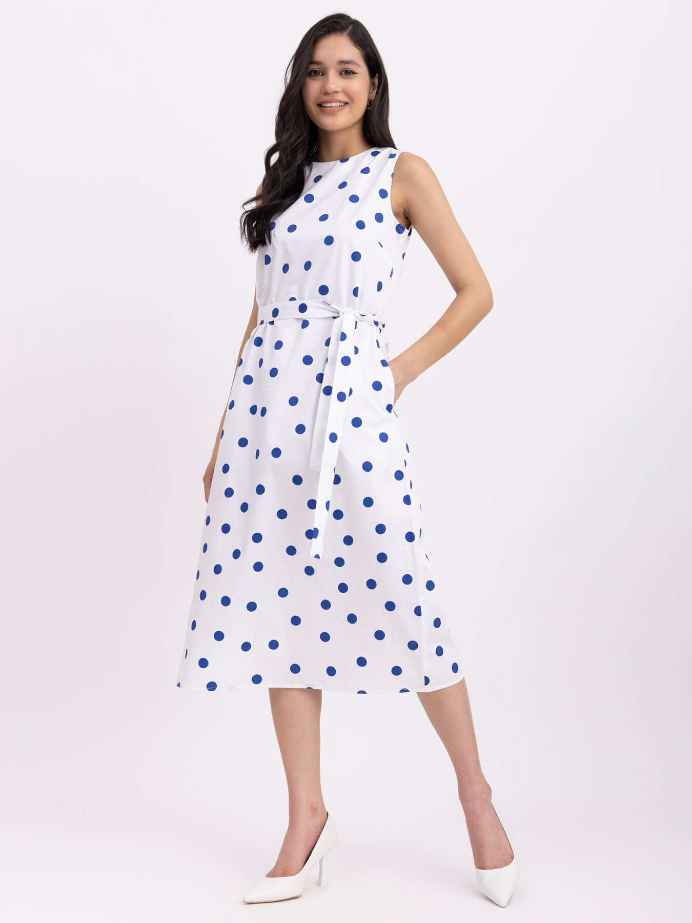 Cotton Polka Dot Dress - White And Blue