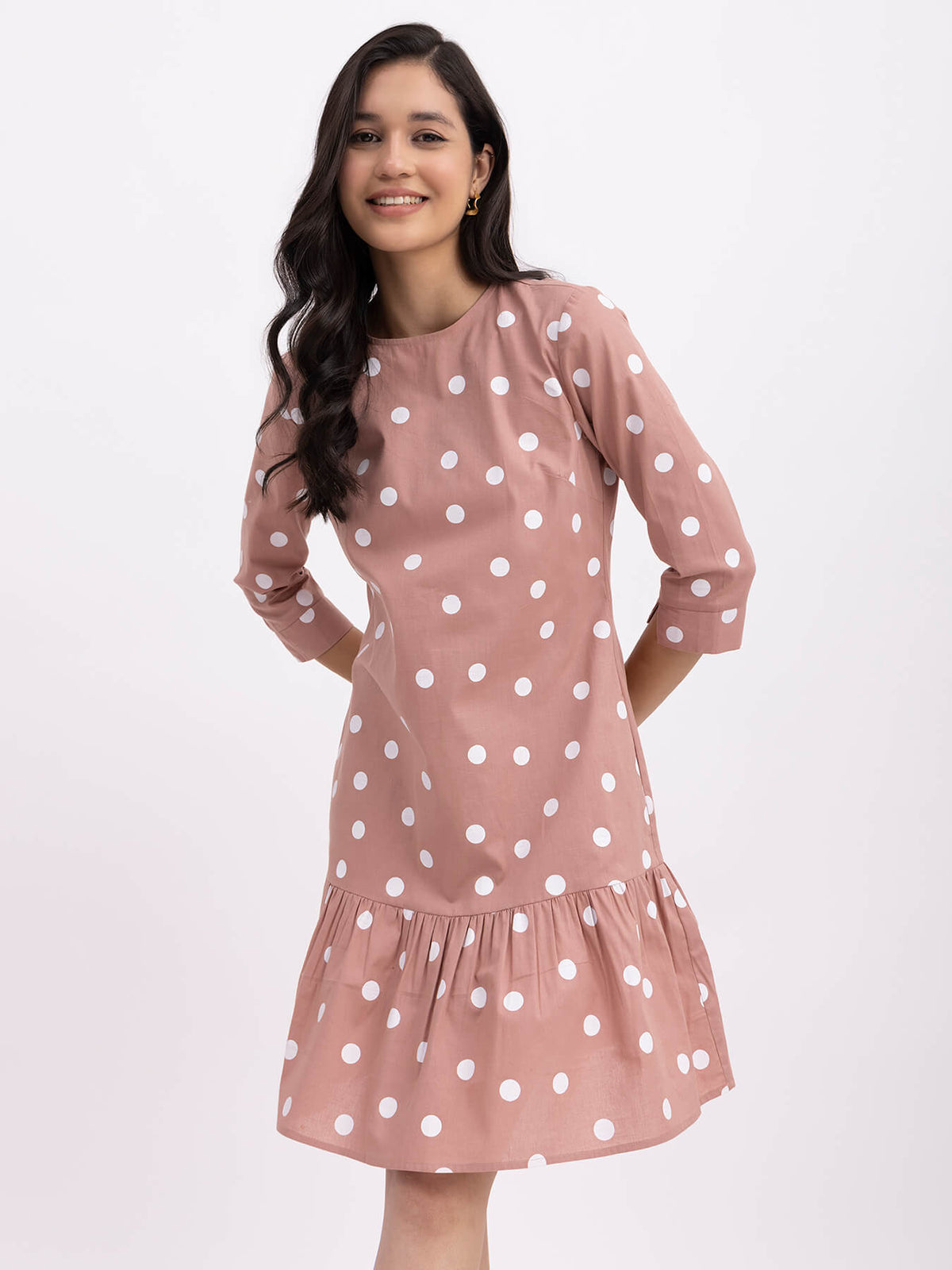 Cotton Polka Dot Tier Dress - Dusty Pink And White