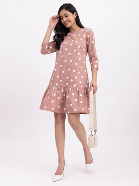 Cotton Polka Dot Tier Dress - Dusty Pink And White