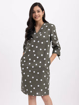 Cotton Tie-Up Sleeves Dress - Olive And White