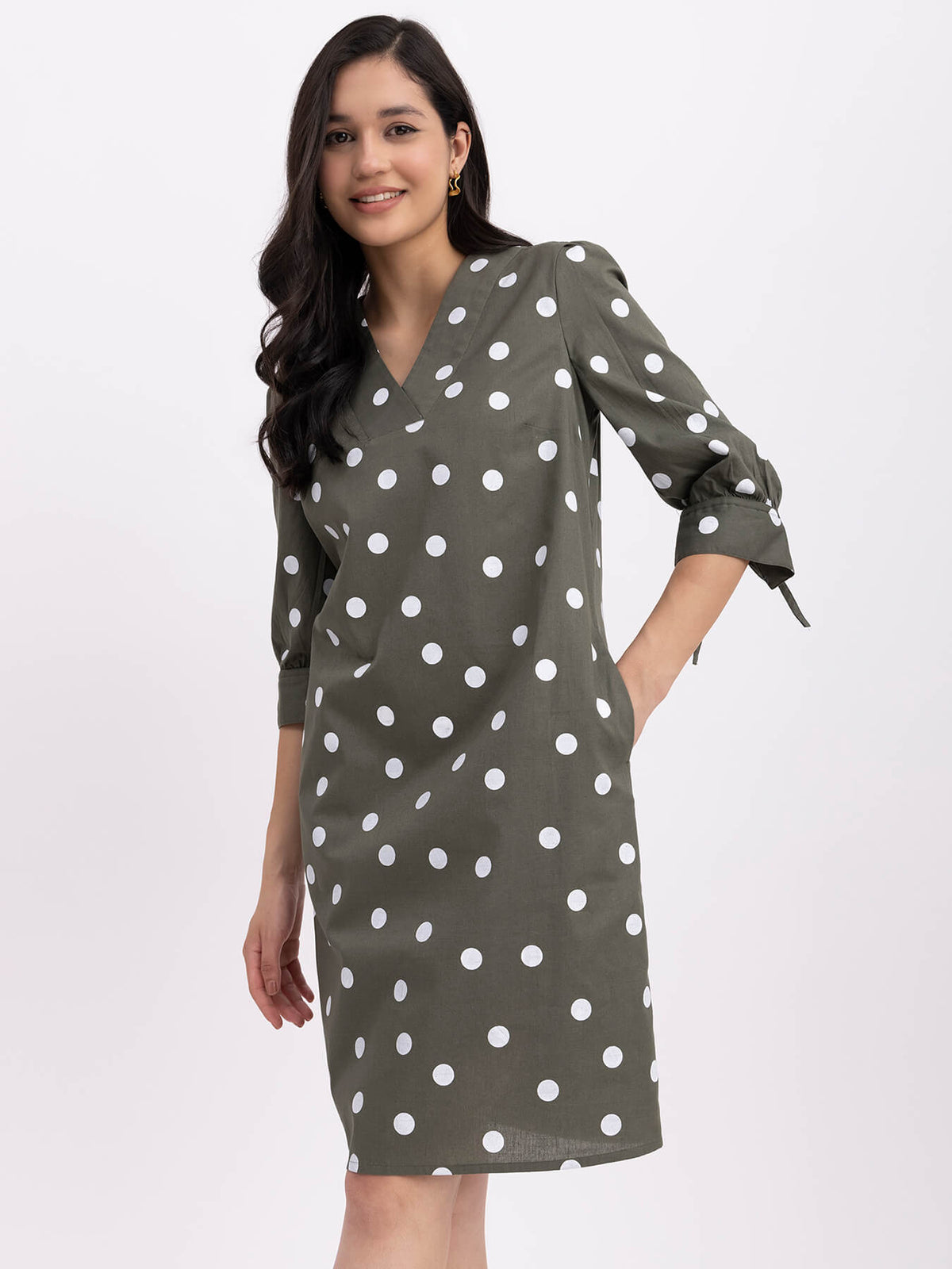 Cotton Tie-Up Sleeves Dress - Olive And White