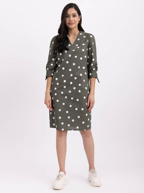 Cotton Tie-Up Sleeves Dress - Olive And White