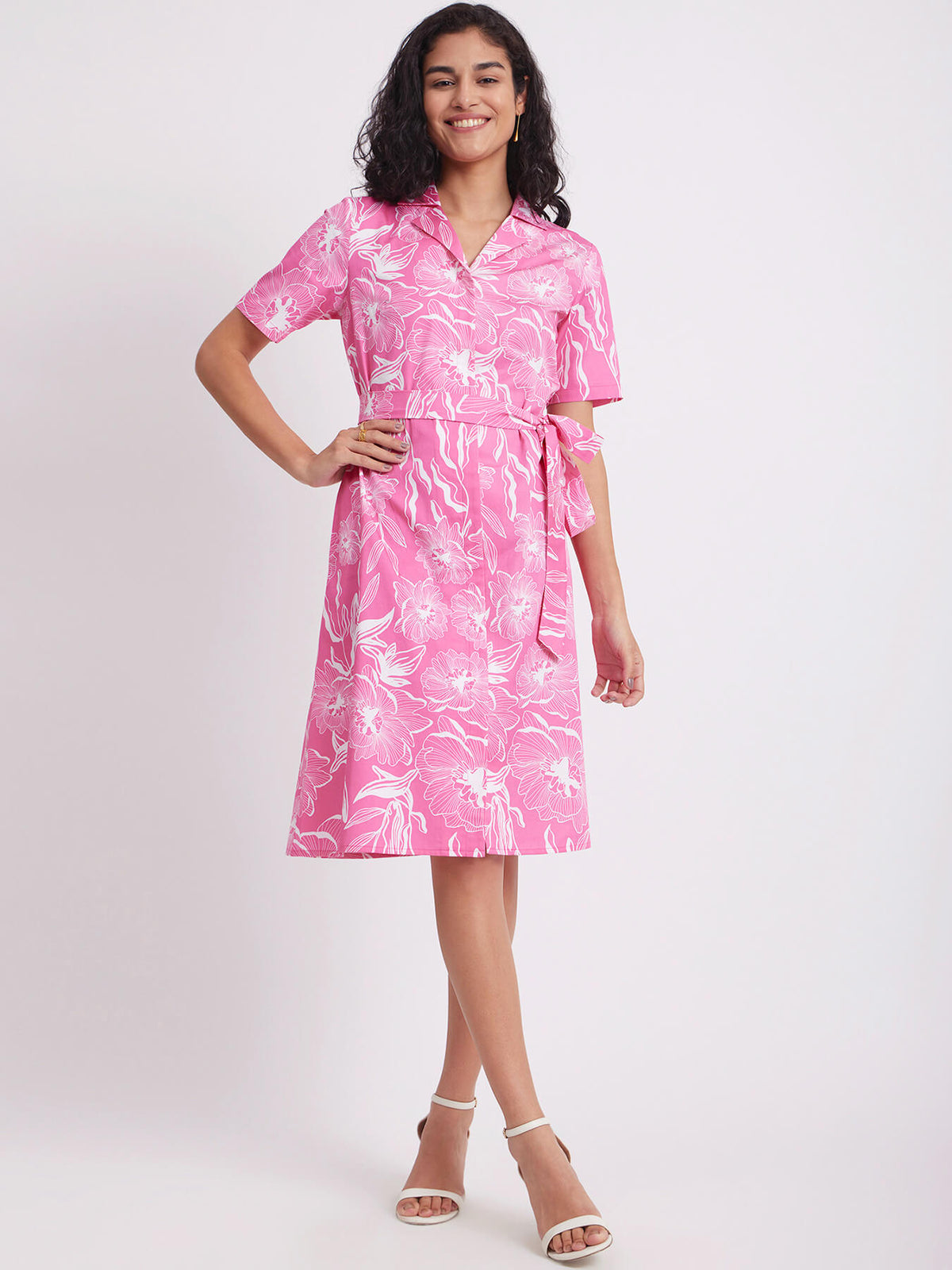 Cotton Satin Floral Dress - Pink And White