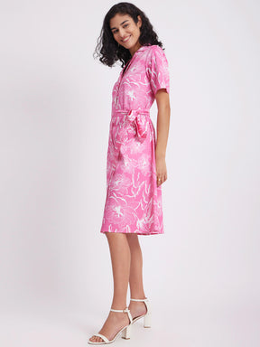 Cotton Satin Floral Dress - Pink And White