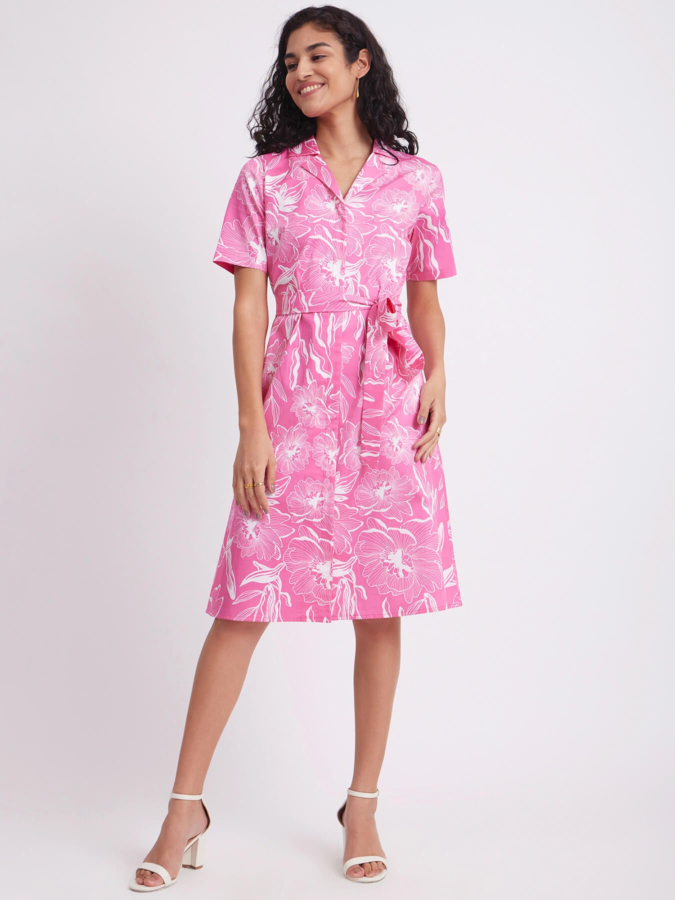 Cotton Satin Floral Dress - Pink And White