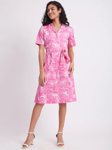 Cotton Satin Floral Dress - Pink And White