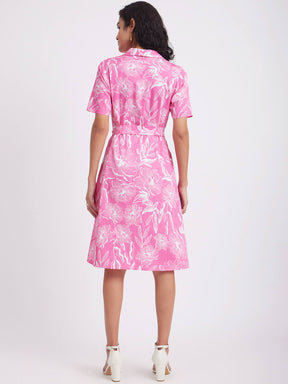 Cotton Satin Floral Dress - Pink And White