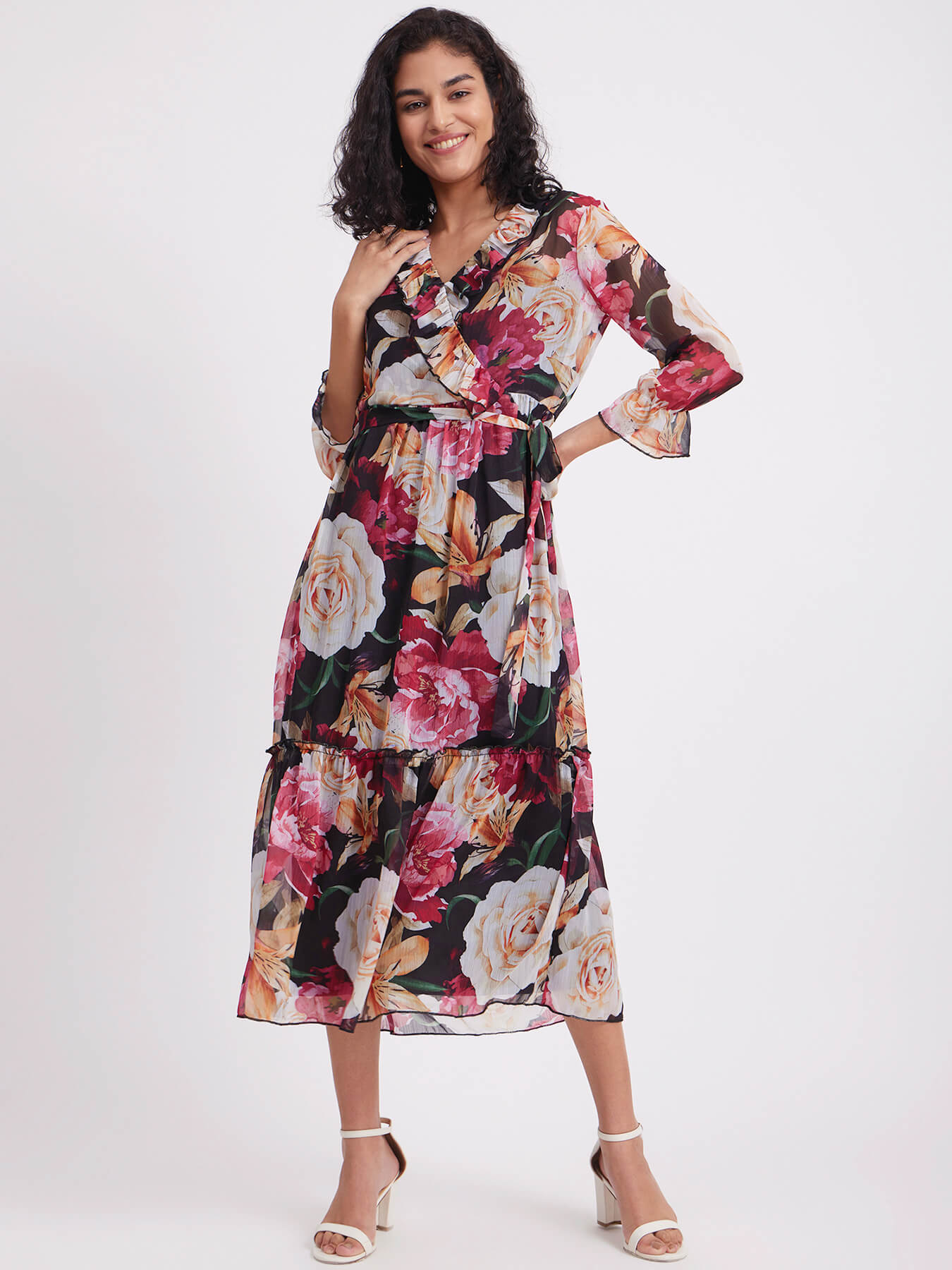 Chiffon Floral Wrap Dress - Black And Multicolour