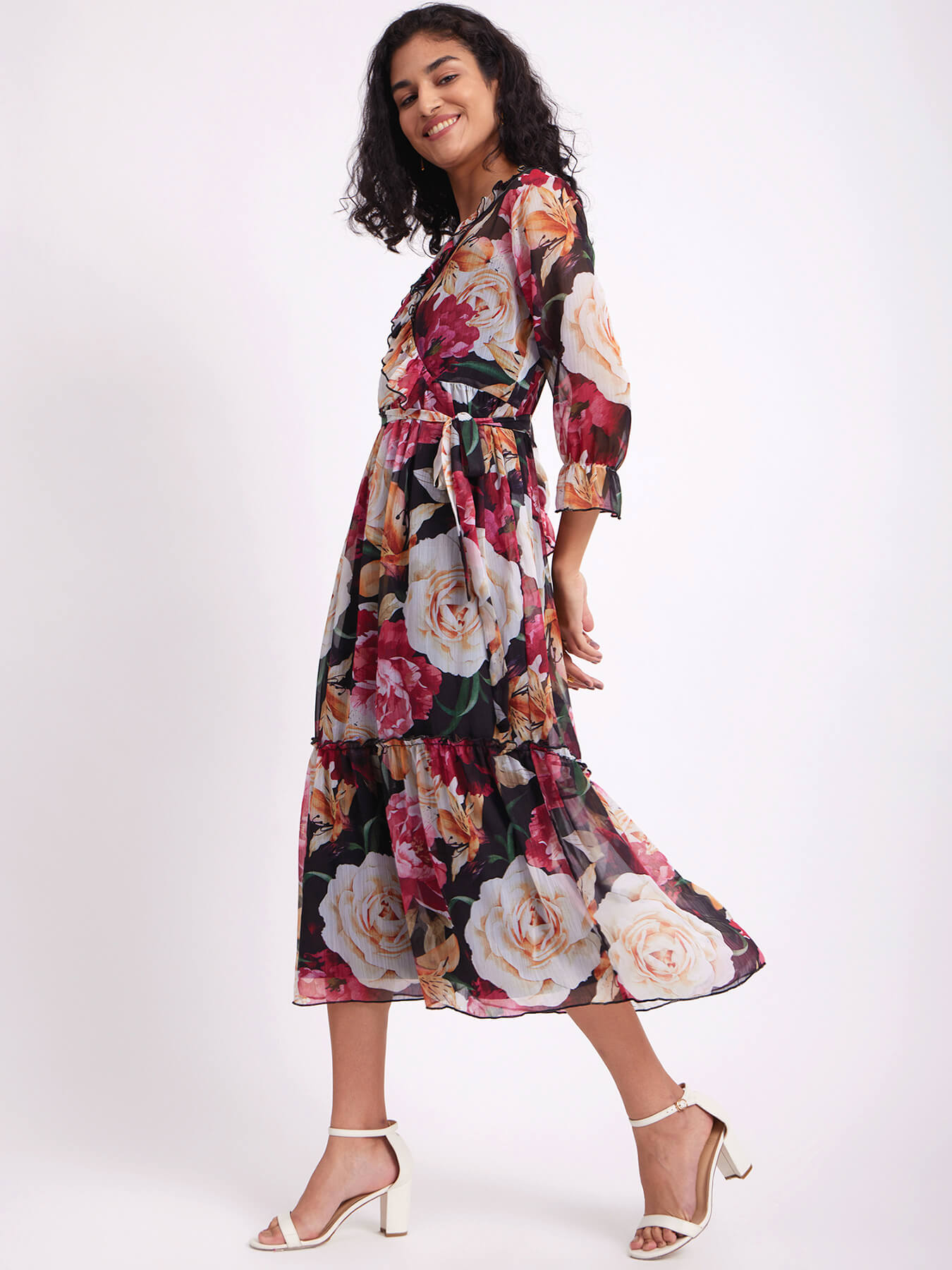 Chiffon Floral Wrap Dress - Black And Multicolour