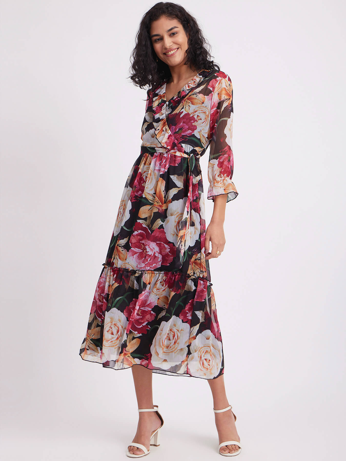 Chiffon Floral Wrap Dress - Black And Multicolour