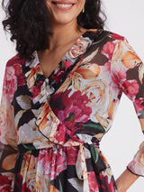 Chiffon Floral Wrap Dress - Black And Multicolour