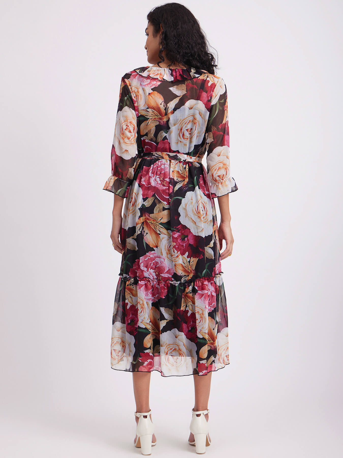 Chiffon Floral Wrap Dress - Black And Multicolour