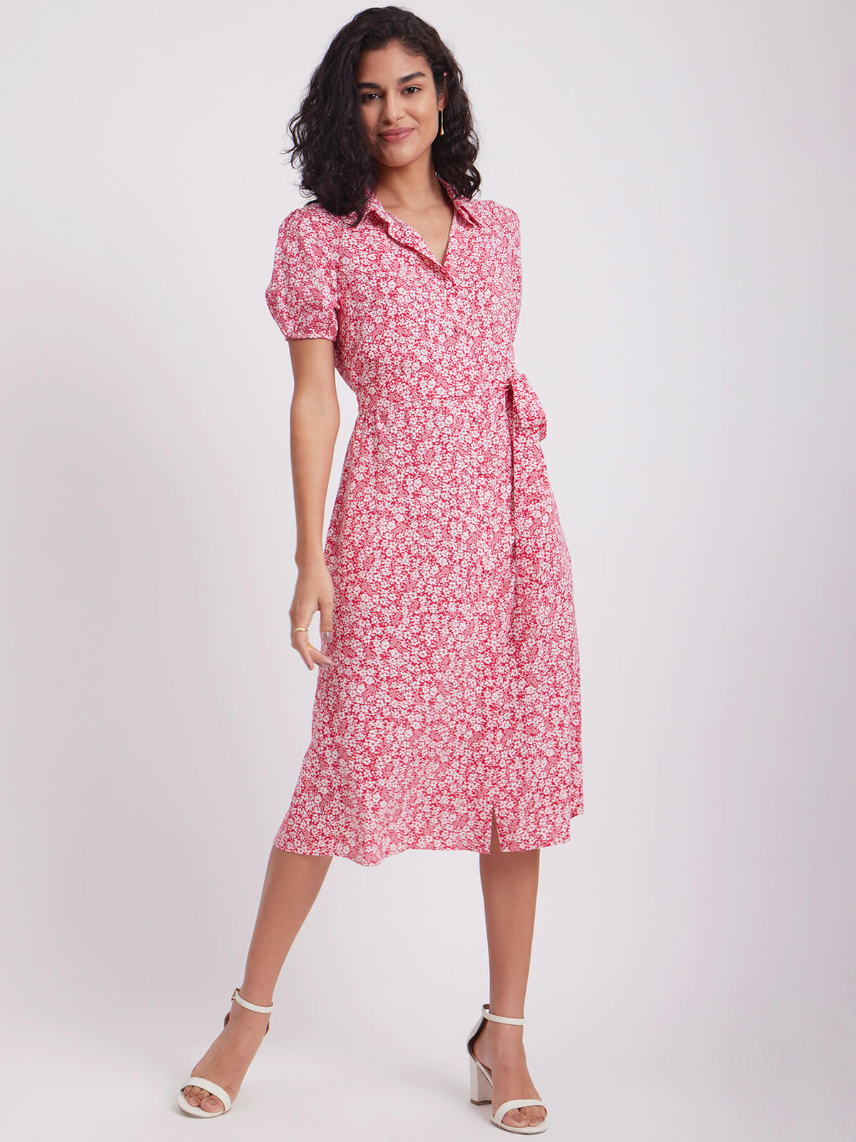Floral Print Collared Dress - Red And White