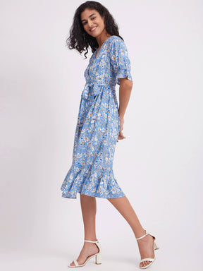 Floral Print Tier Dress - Blue