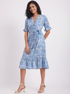 Floral Print Tier Dress - Blue