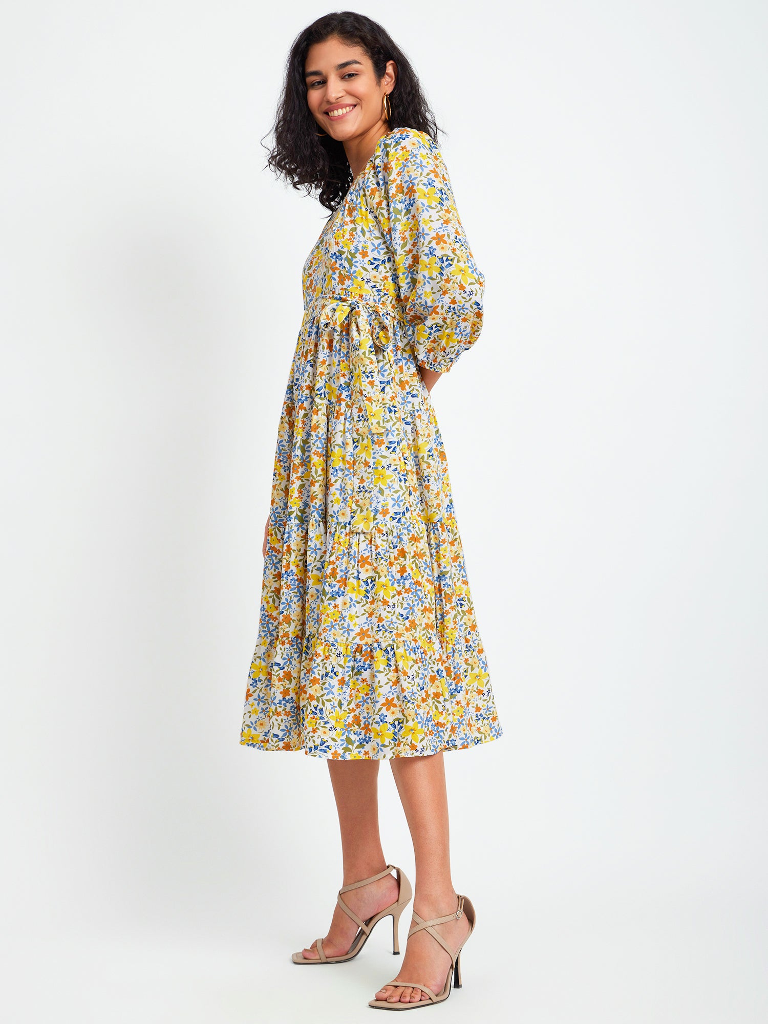 Floral Print Square Neck Dress - Multicolour