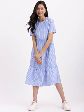 Cotton Tiered Striped Dress - Blue And White