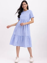 Cotton Tiered Striped Dress - Blue And White