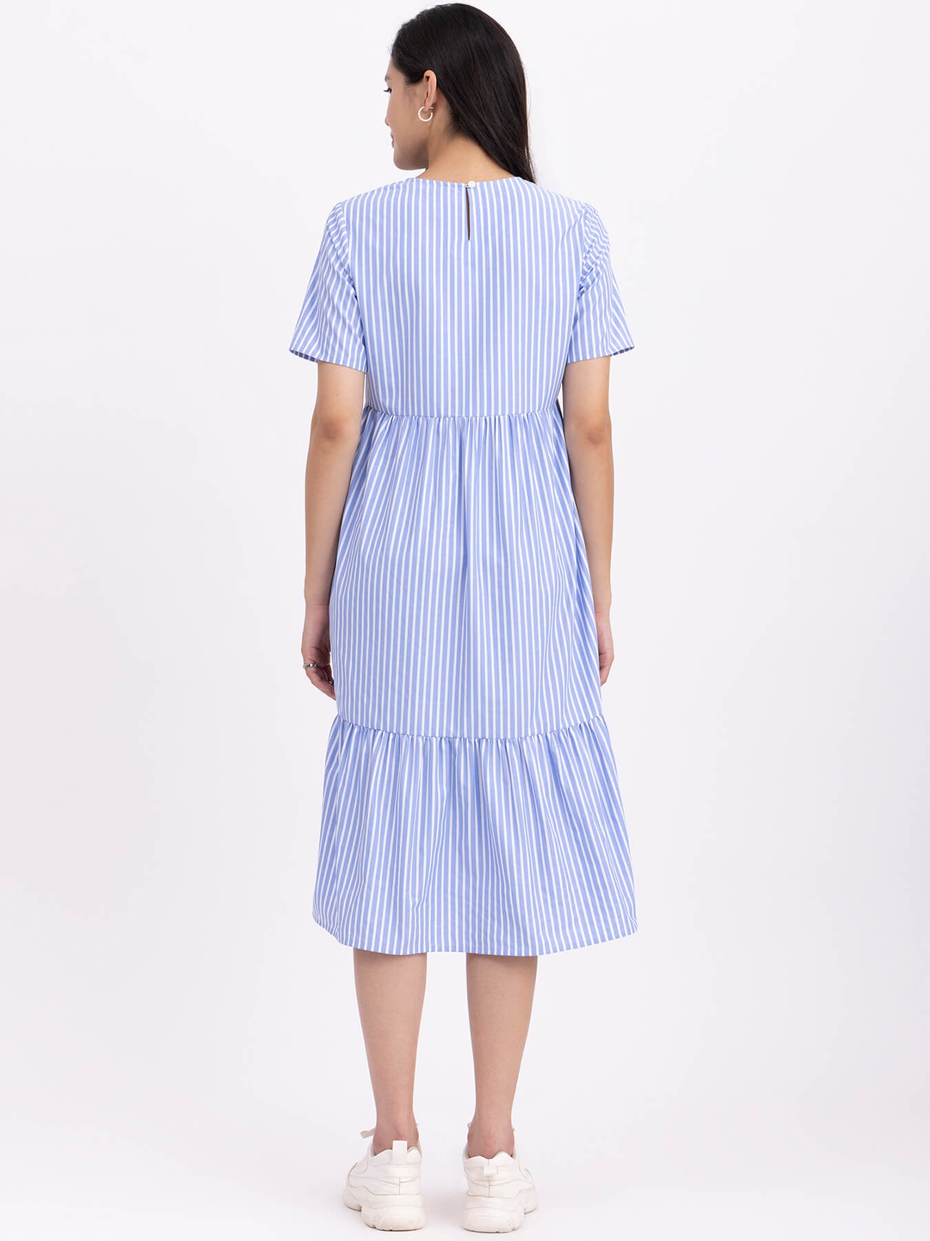 Cotton Tiered Striped Dress - Blue And White