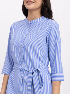 Cotton Striped Shirt Dress - Blue And White