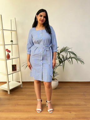 Cotton Checkered Square Neck Dress - Blue And White