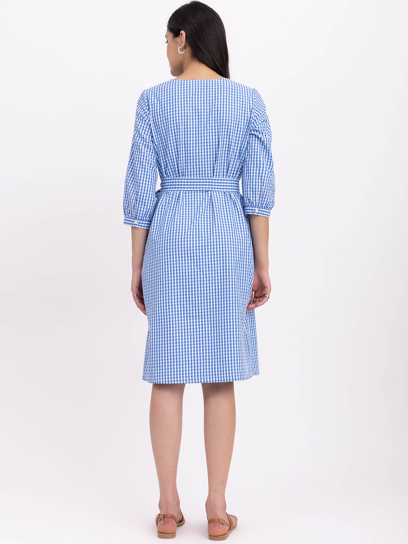 Cotton Checkered Square Neck Dress - Blue And White