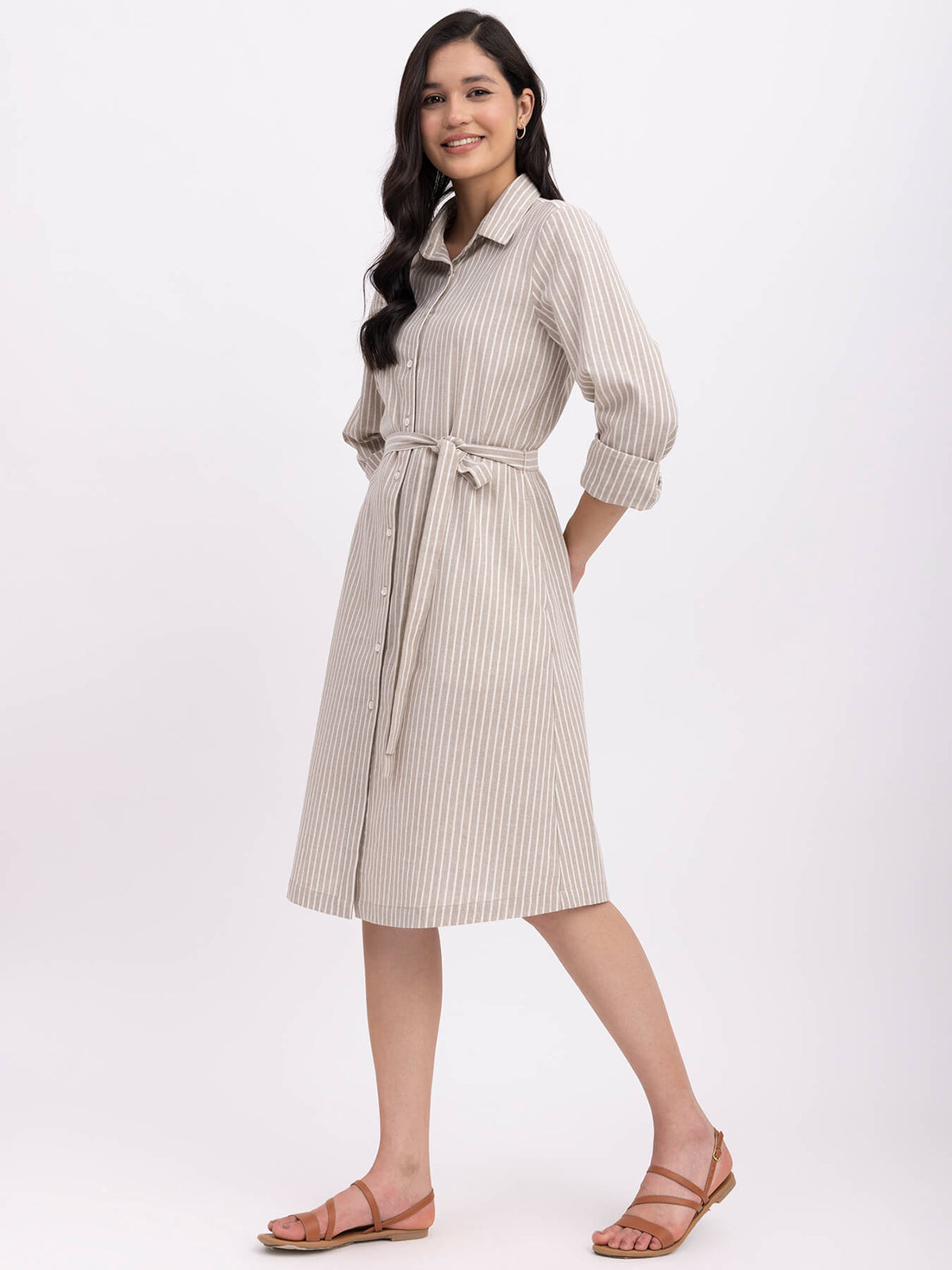 Cotton Striped Shirt Dress - Beige