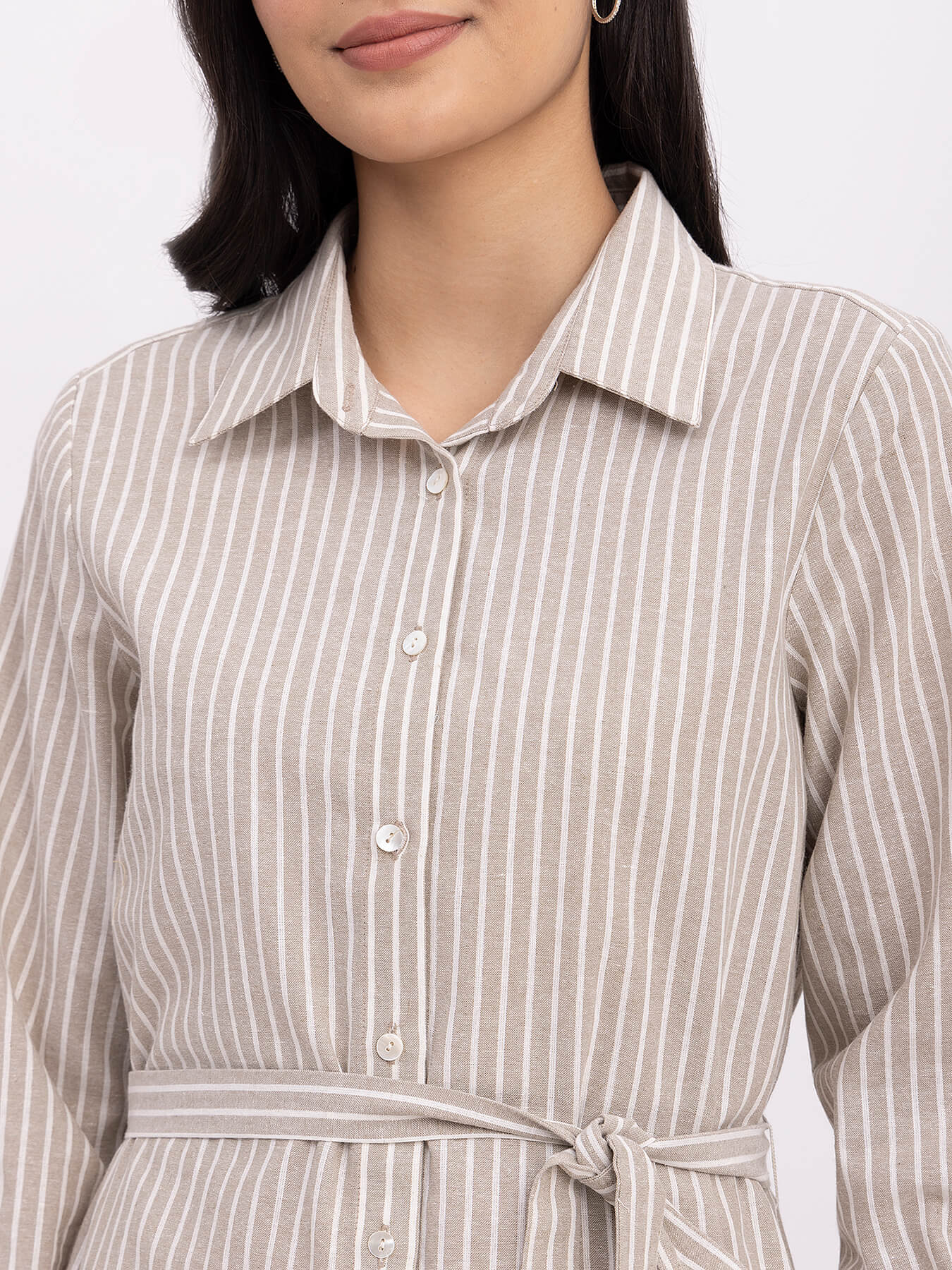 Cotton Striped Shirt Dress - Beige