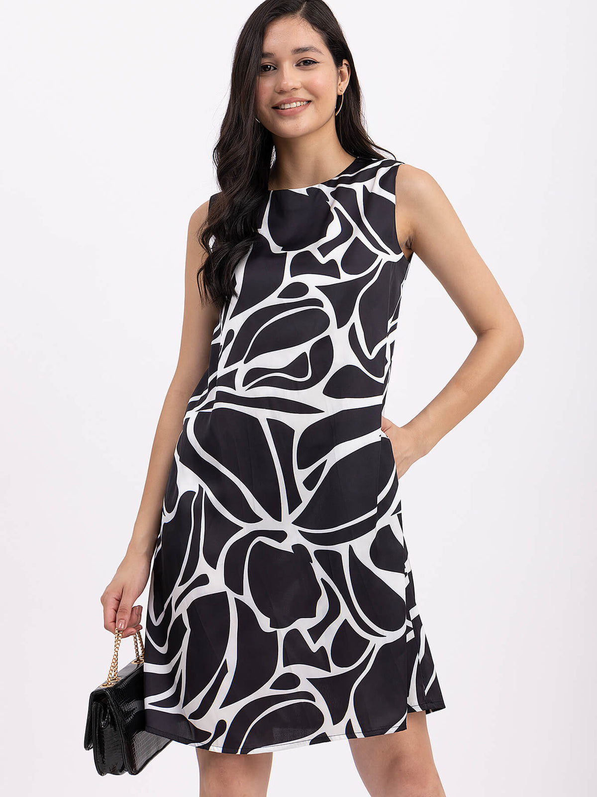 Satin Floral A Line Dress - Black And White