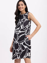 Satin Floral A Line Dress - Black And White