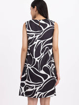 Satin Floral A Line Dress - Black And White