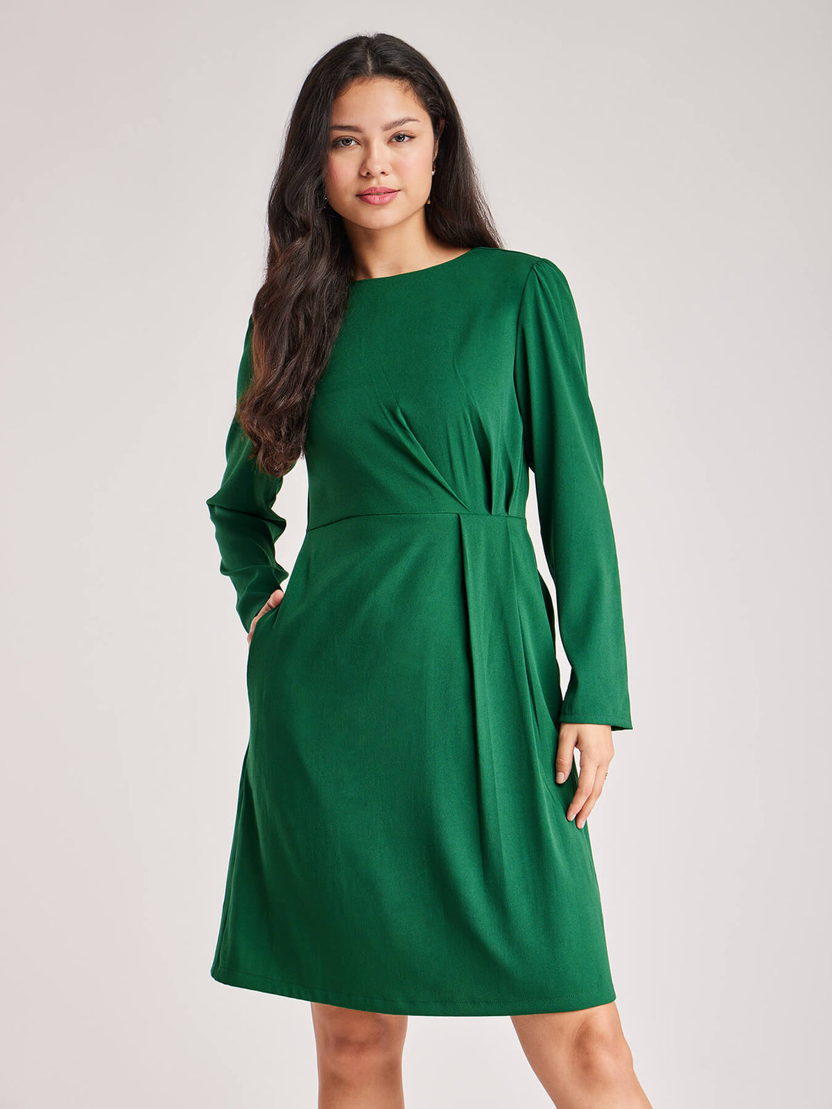 Solid Pleated Dress - Green