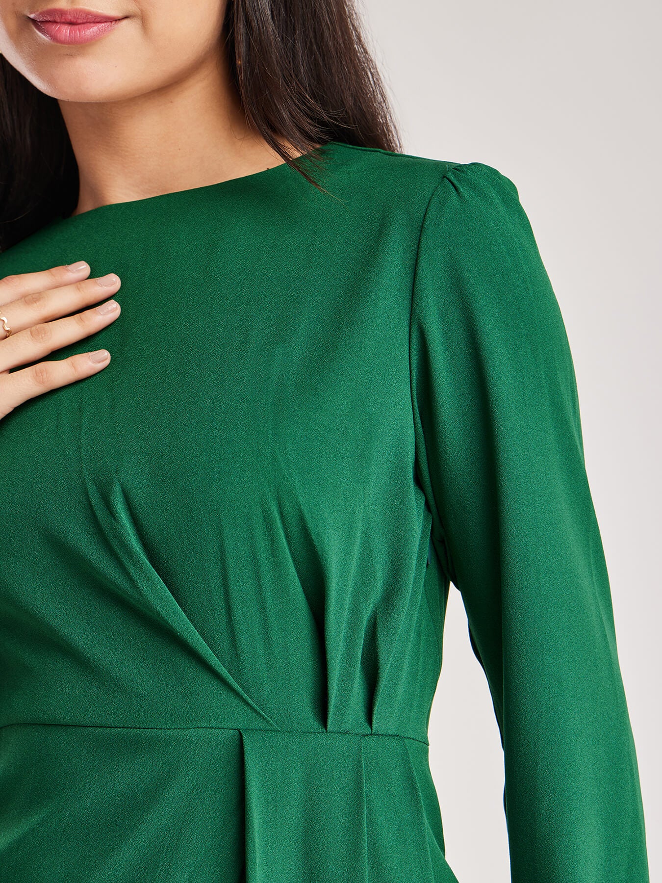 Solid Pleated Dress - Green