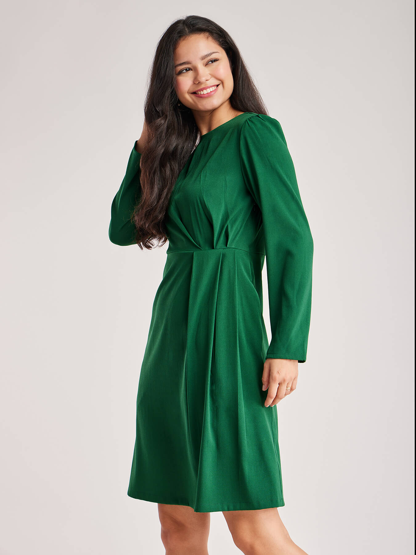 Solid Pleated Dress - Green