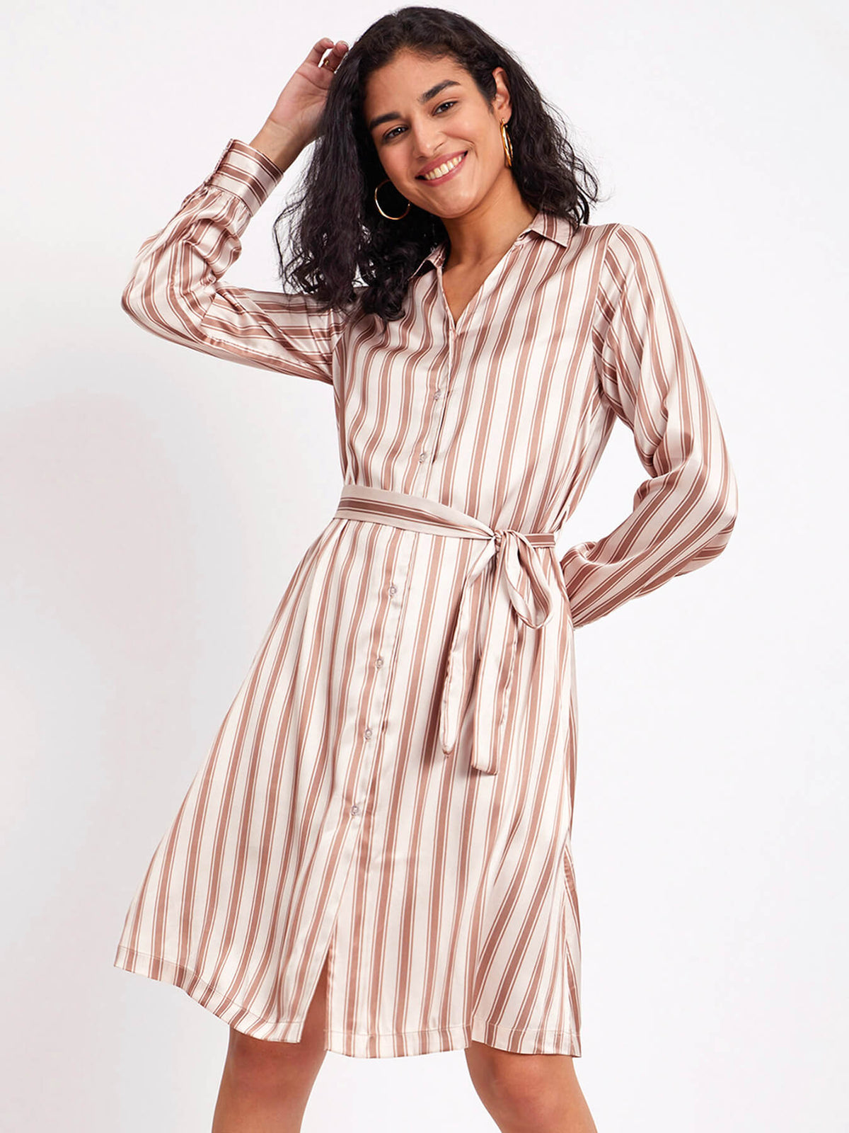 Satin Striped Dress - Beige And Brown