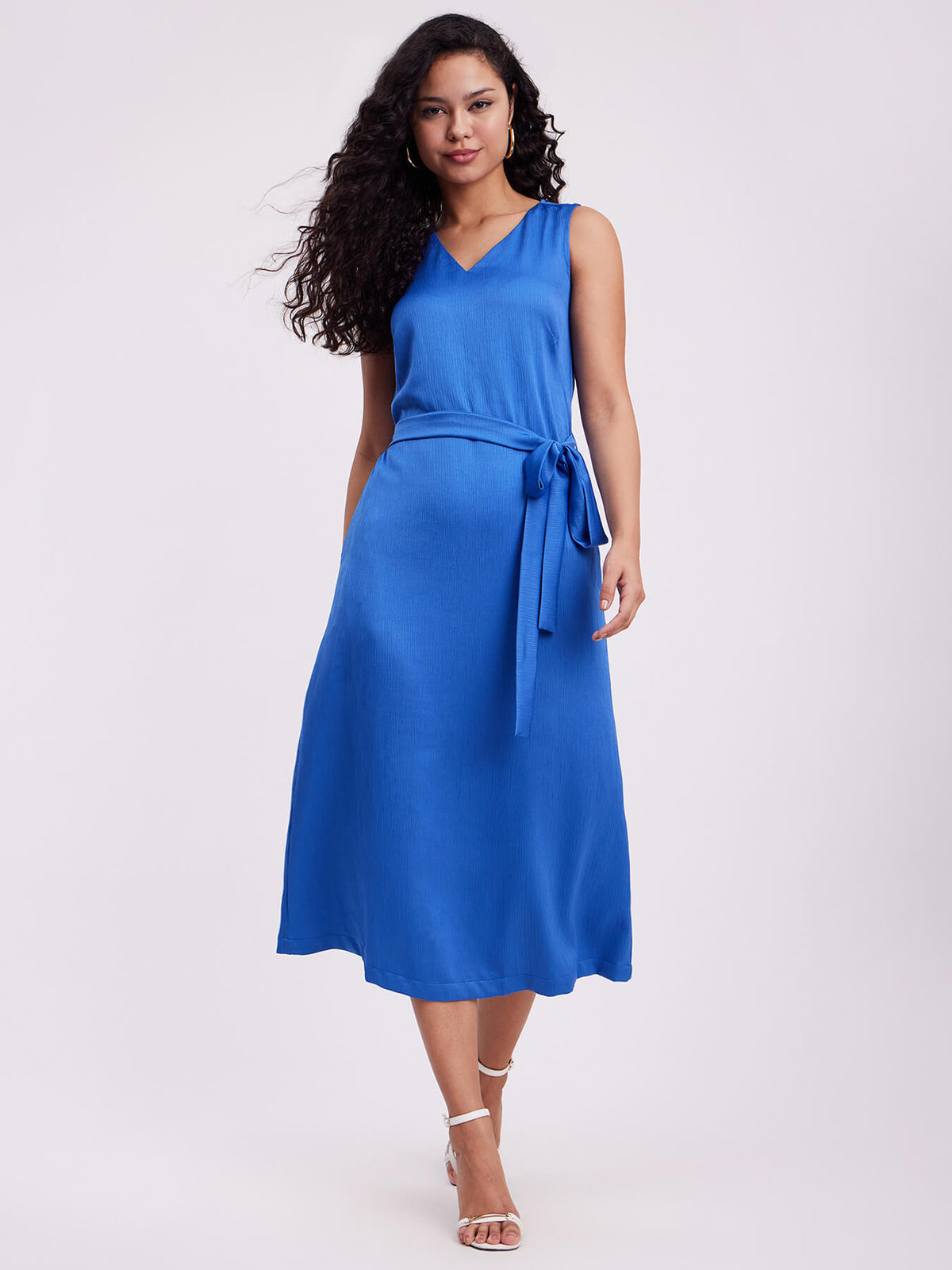 Satin V-Neck Dress - Blue
