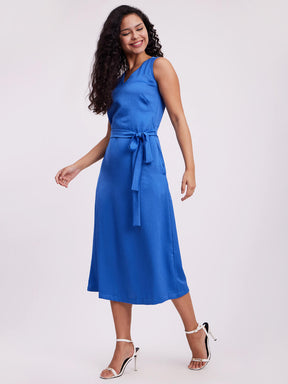 Satin V-Neck Dress - Blue